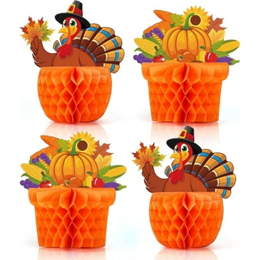 XD5-4 Pack Large Thanksgiving Honeycomb Turkey Centerpiece Thanksgiving Table Decor Fall Harvest Pumpkin Turkey Figure Honeycomb Standing Decorations for Fall Home Kitchen Tabletop-5