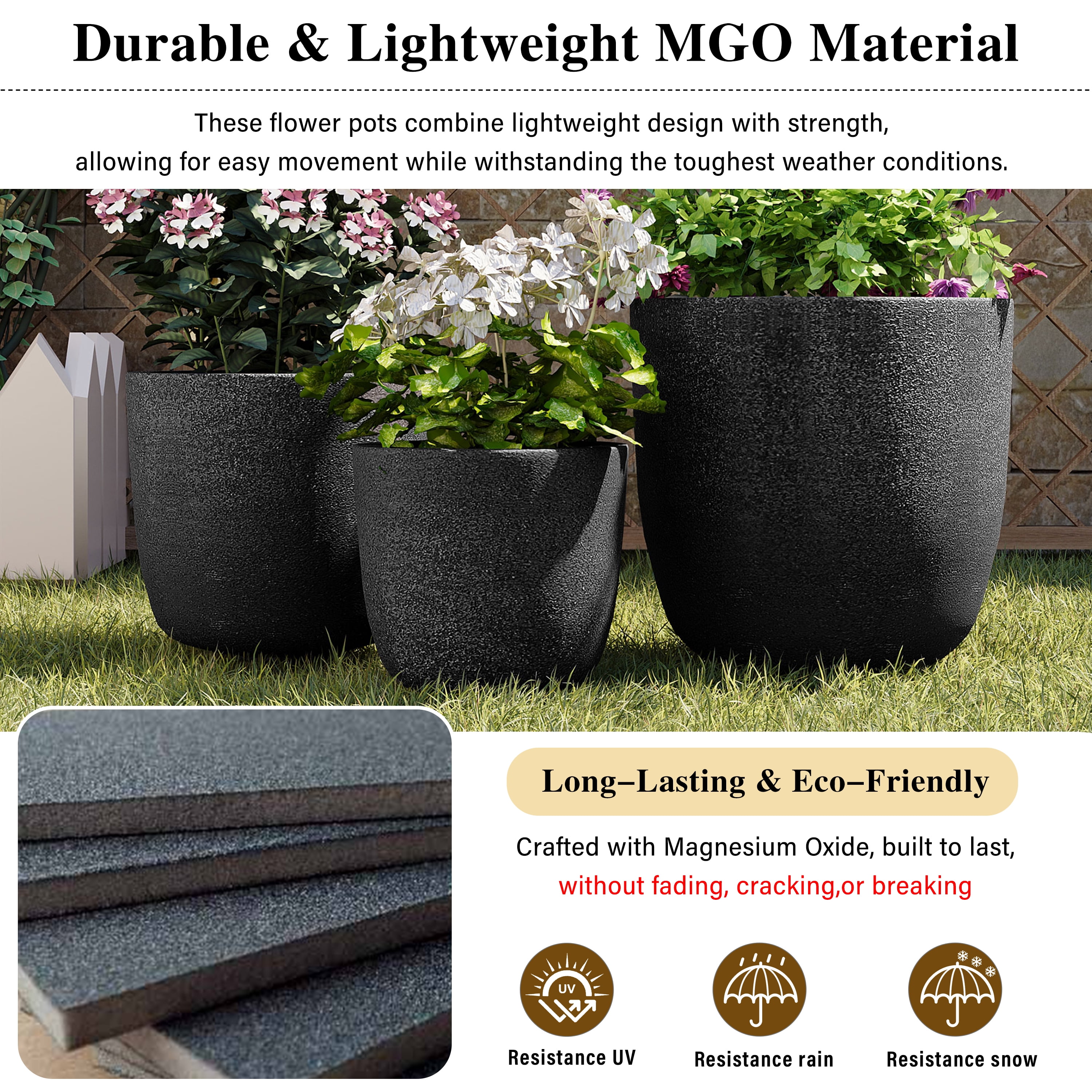 Harper & Bright Designs Outdoor Concrete Planter Set of 3, Patio Flower Pots Stone-Look Textured with Drainage Holes and Rubber Plug for Garden Poolside, Black