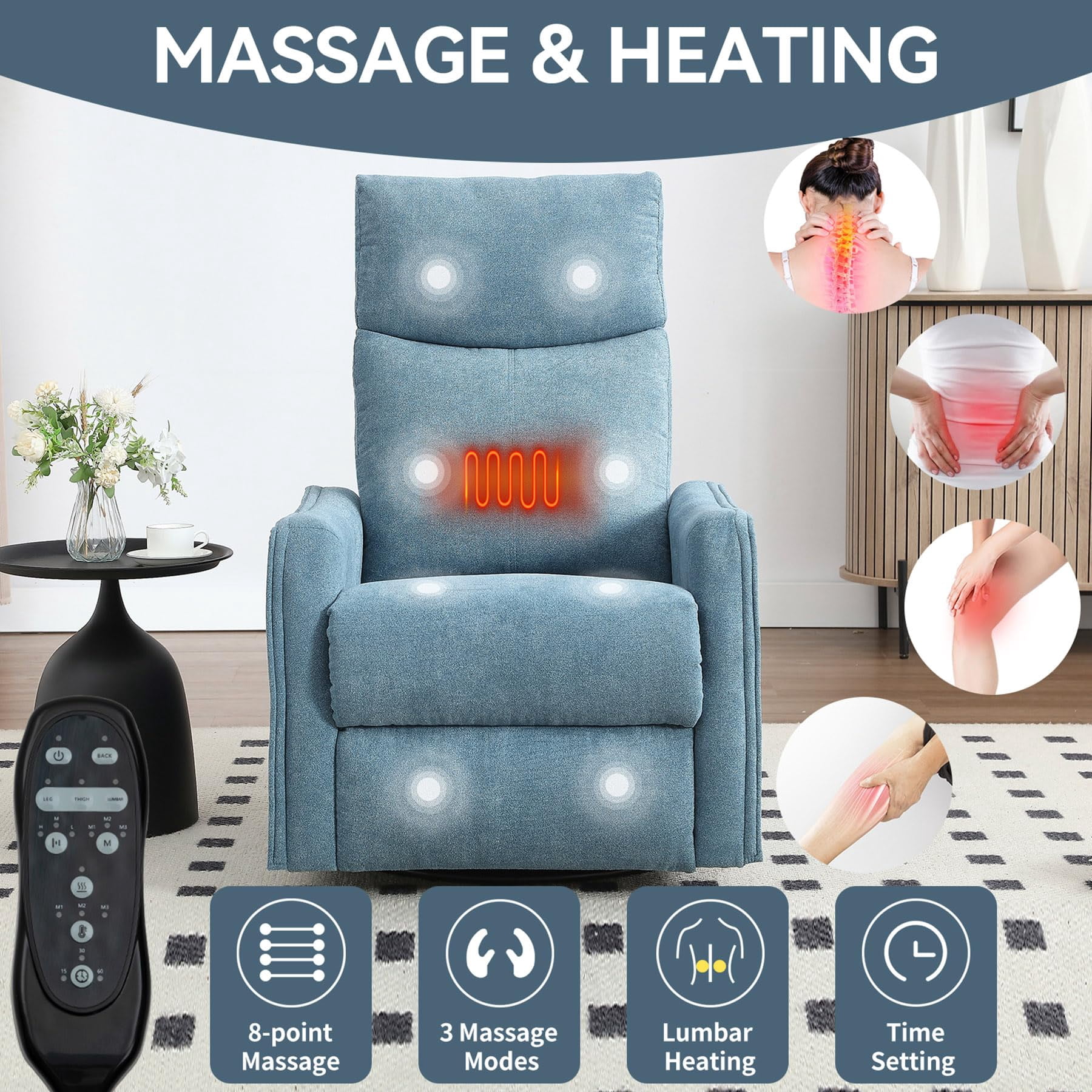 CARZZI Massage Chair Recliner with Heat, Swivel Rocking Chair Recliner with High Back, Manual Lazy Boy Recliners for Adults,Small Recliner Chair for Small Spaces, Living Room Bedroom, Fabric (Blue)