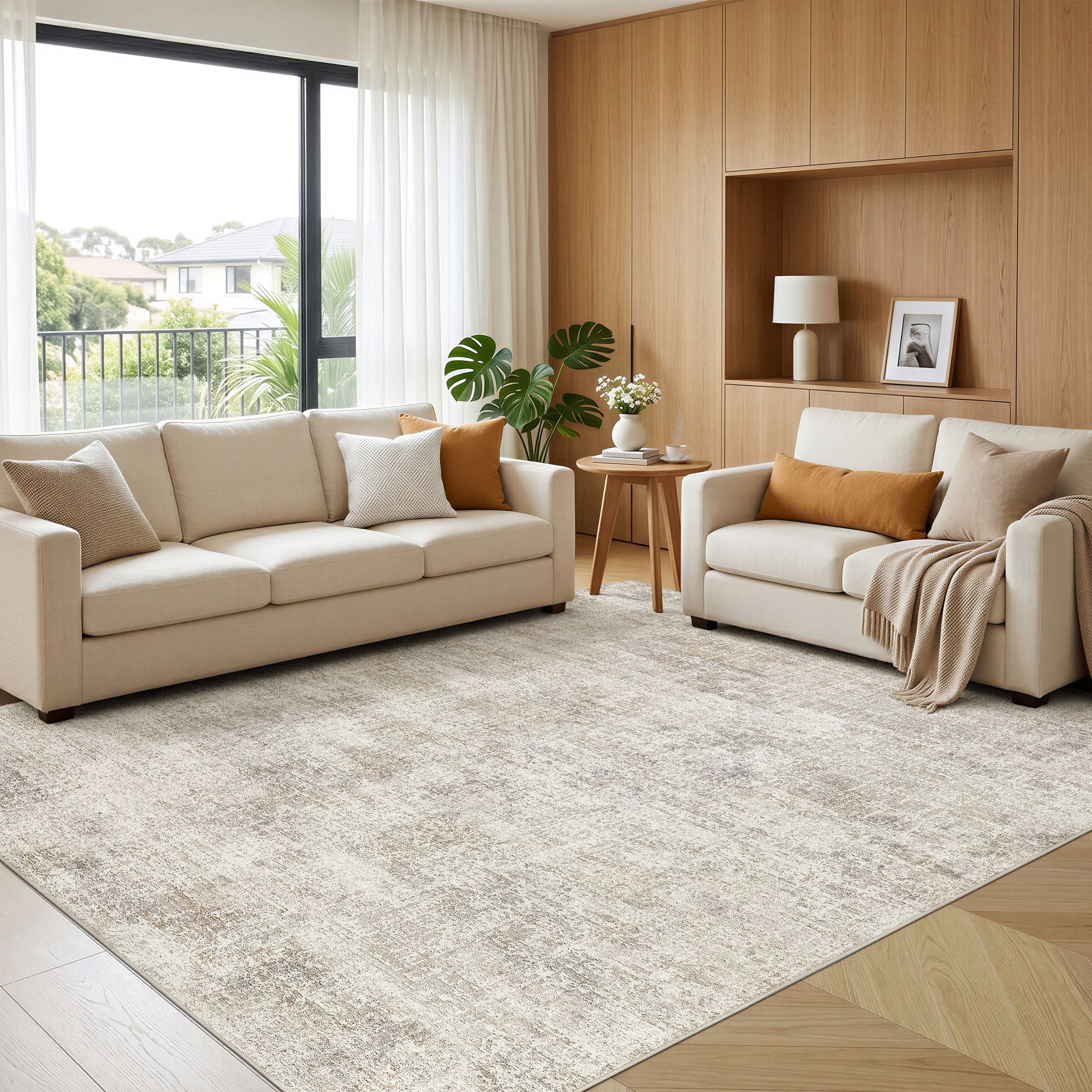 MICGEEK 8x10 Washable Area Rugs for Living Room, Modern Abstract Printed Rug, Vacuum-Friendly, Non Slip Indoor Rug for Bedroom Dining Room Home Decor Carpet,Beige