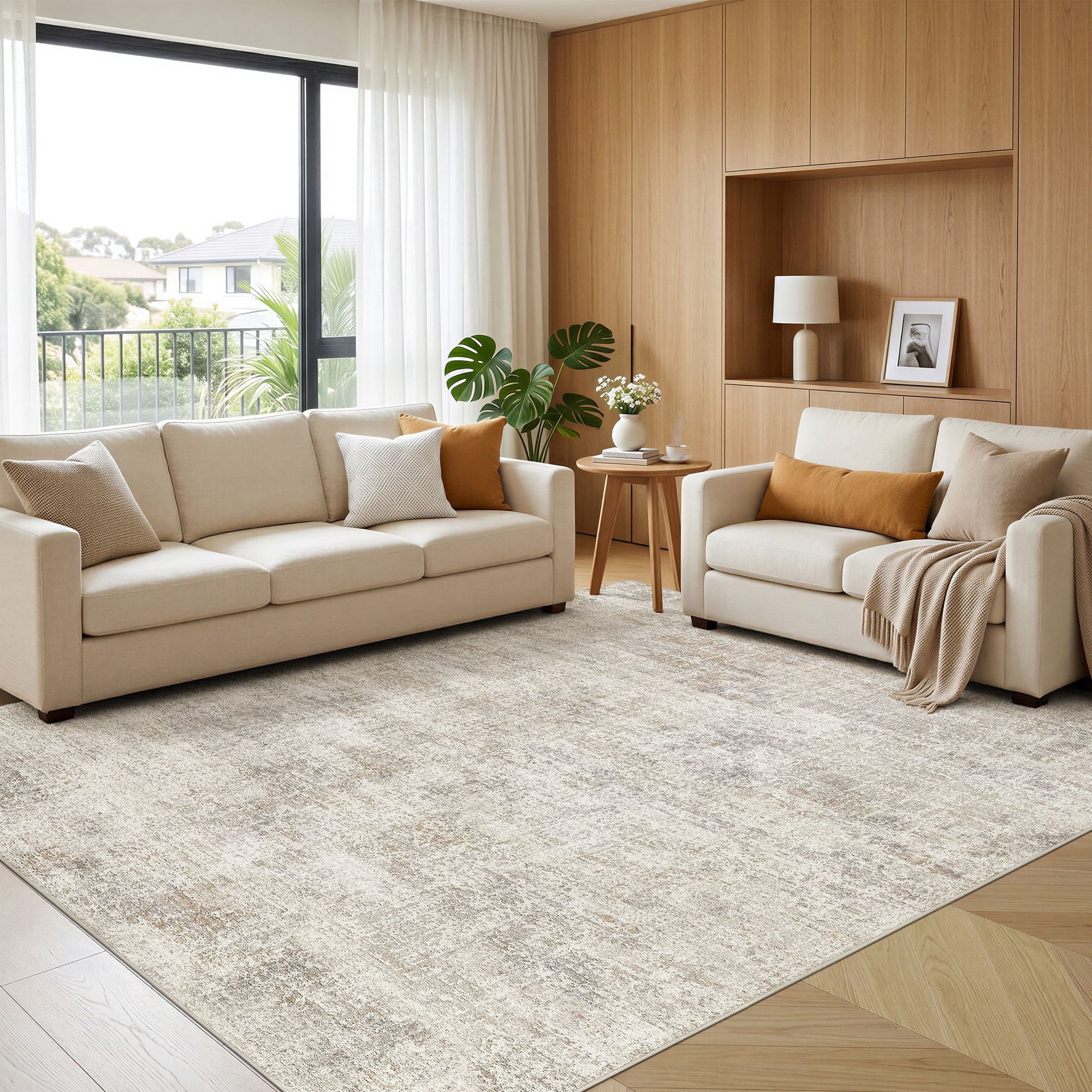MICGEEK 8x10 Washable Area Rugs for Living Room, Modern Abstract Printed Rug, Vacuum-Friendly, Non Slip Indoor Rug for Bedroom Dining Room Home Decor Carpet,Beige