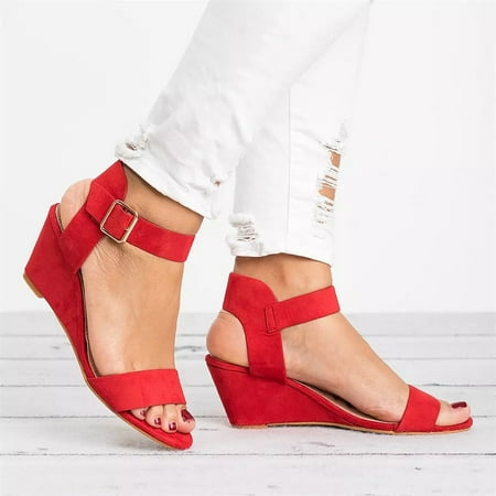 

Women Shoes Women s Fashion Solid Wedges Heel Buckle Strap Roman Shoes Sandals Red 6