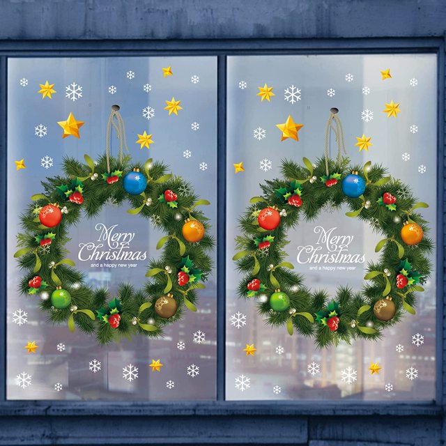Corona de Navidad se adhiere a la ventana, 2 piezas de corona verde con adornos y pegatinas de ventana con diseño de frutas, pegatinas de ventana impresas con copos de nieve, decoración navideña JAMW Sencillez