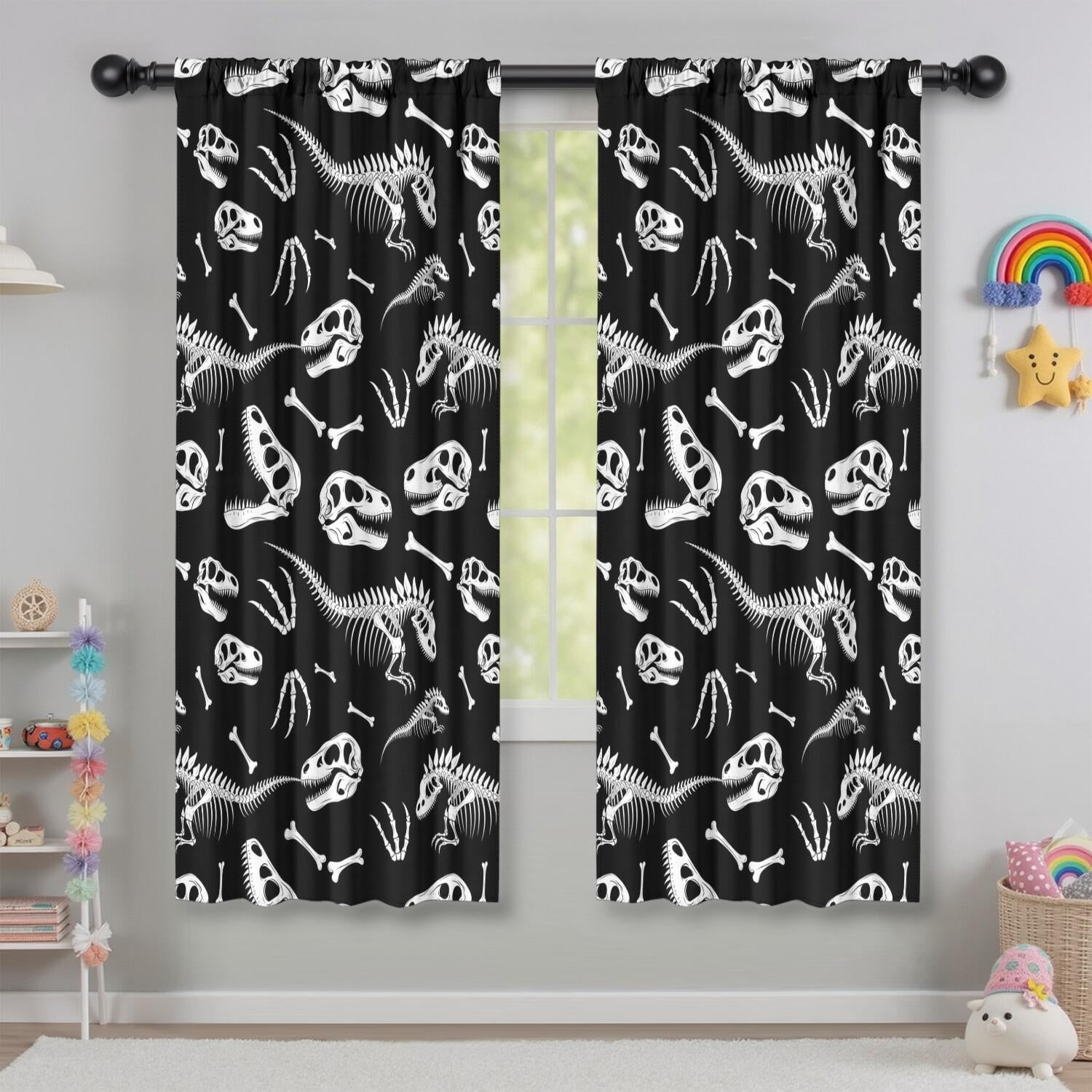 Blackout Kids Curtains,Black Cartoon Dinosaurs Skulls Skeletons Pattern Childrens Insulated Curtains Set Of 2,Bedroom Essentials,Toddler Room Decor 42"x63"