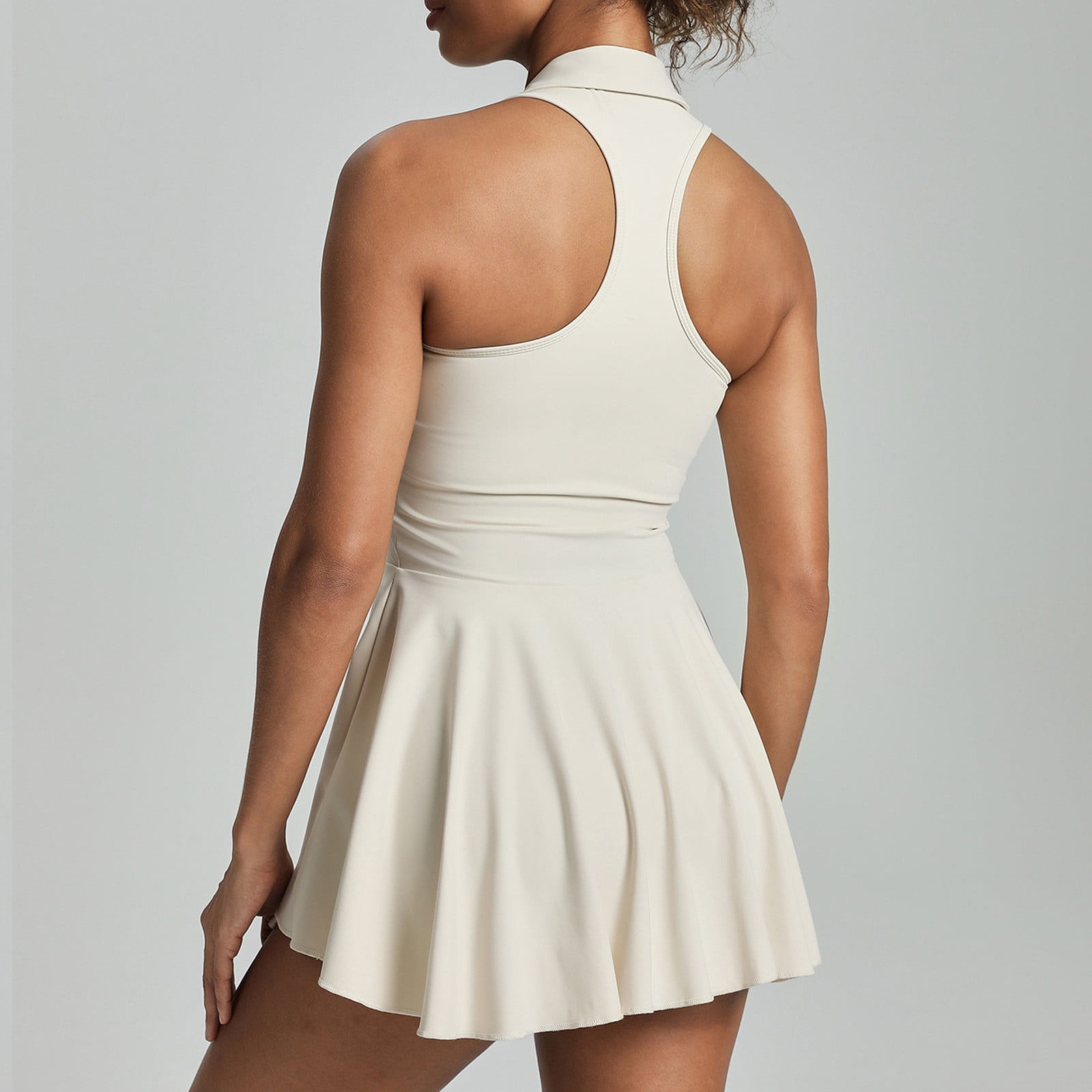 Qgtaibl Womens Workout V Neck Dresses Tummy Control Stretch Lapel Collar Mini Dress Fashion Pleated Flowy Tennis Dress Lightweight Breathable Athletic Dress Beige M
