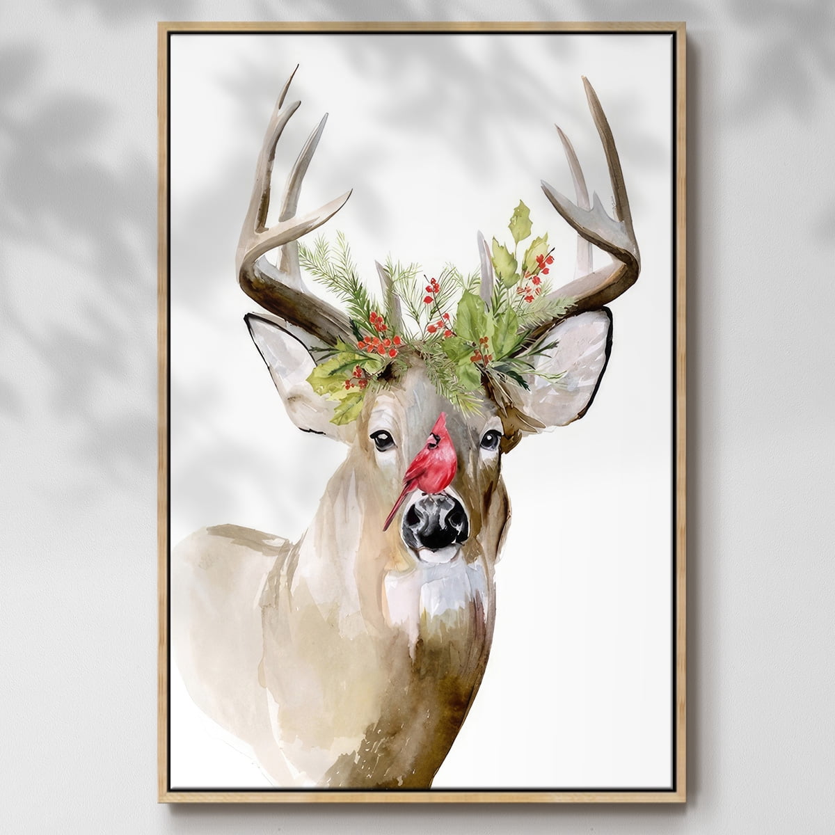 Holiday Deer II - Framed Gallery Wrapped Holiday Canvas - 17 x 25 - Natural Wood Frame