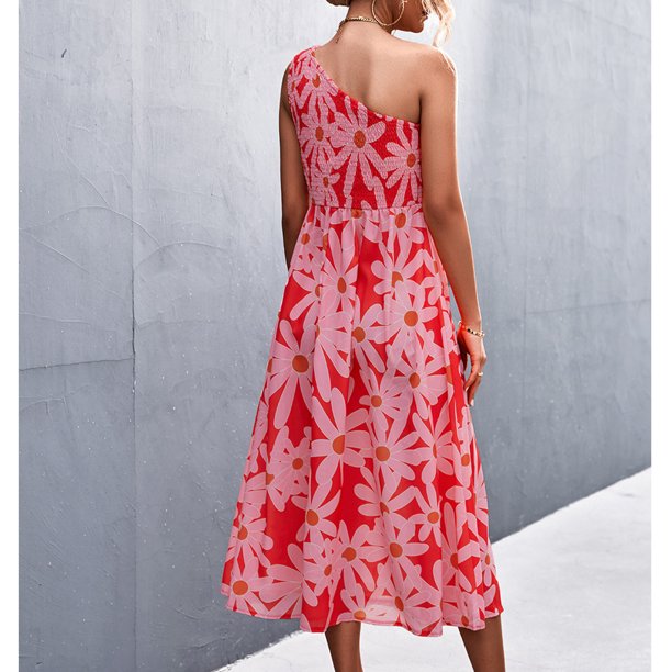 Vestido Sin Mangas De Un Hombro, Vestido A Media Pierna Con Estampado Floral, Sin Mangas, Suave, A La Moda, Elegante, Informal, Para Fiestas De Vacaciones, Para La Vida Diaria ANGGREK YR32422