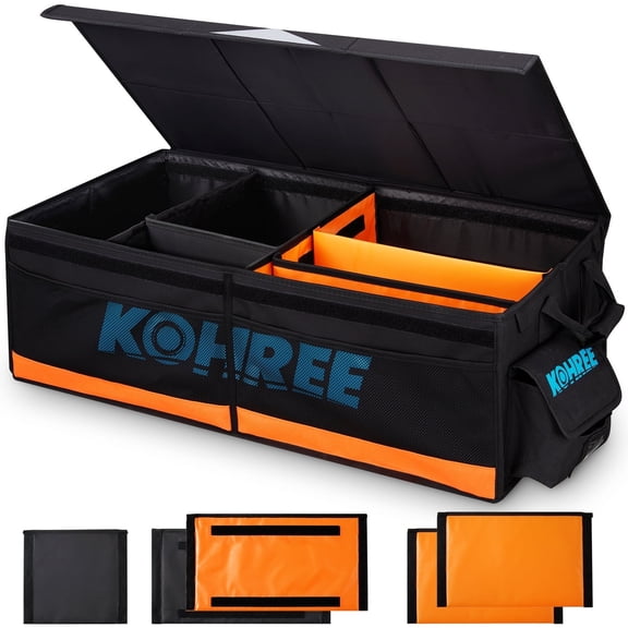 Kohree 81L Car Trunk Organizer with Lid, Heavy Duty Foldable Garage Tool Storage Box Collapsible Storage Bin for SUV Truck RV Home Camping, Orange