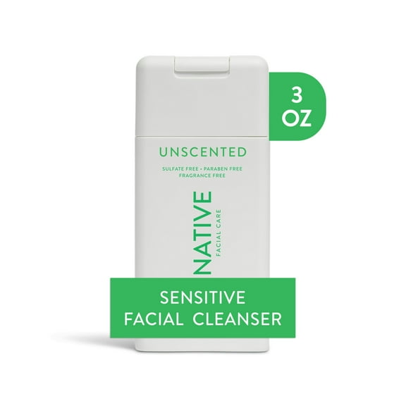 Native Skin Care Sensitive Facial Cleanser, Travel Size, Unscented, for Sensitive Skin, 3 fl oz