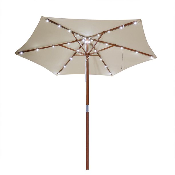 Yescom 9 8ft Wooden Outdoor Patio Wood Pole Umbrella W Solar Led White Light For Market Garden Yard Deck Cafe Sunshade Walmart Com Walmart Com