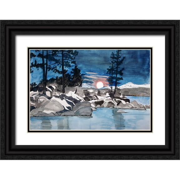 Derr, Wynn 14x11 Black Ornate Wood Framed with Double Matting Museum Art Print Titled - Moonrise over Sand Harbor, Lake Tahoe