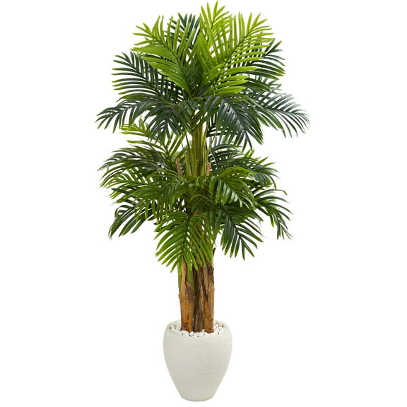 Nearly Natural 5.5ft. Triple Areca Palm Artificial Tree in White Planter, Green