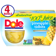 (4 Cups) Dole Pineapple Tidbits in 100% Fruit Juice, 4oz Fruit Bowls