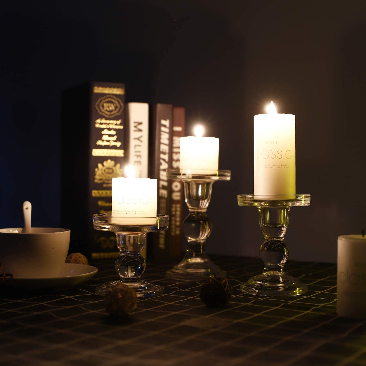 Glass Candle Holder Set of 3 Crystal Table Candlestick for 3