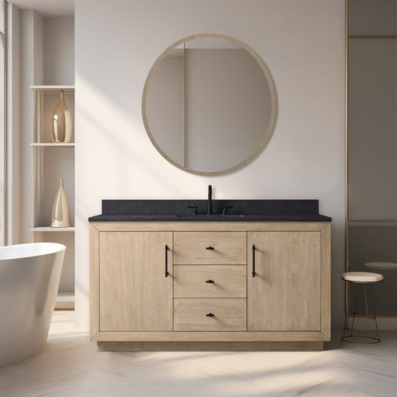 Vanity Art 60" Single Bathroom Vanity with Sink, Freestanding Bath Storage Cabinet with Black Limestone Top