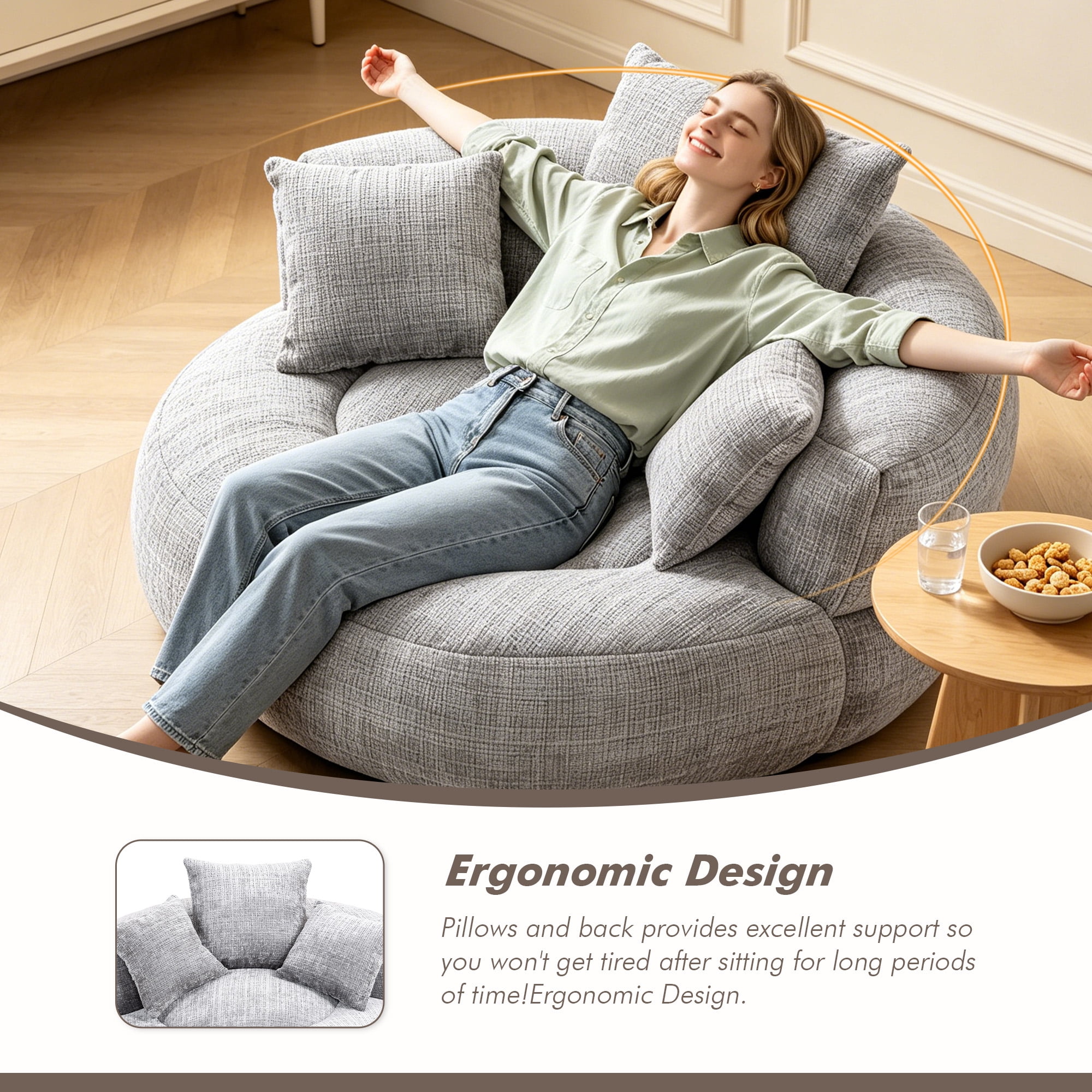 MOONMISS Oversized Bean Bag Chair, Chenille Lazy Bean Bag Sofa with Wrap-Around Backrest & Pillows for Living Room,Light Gray