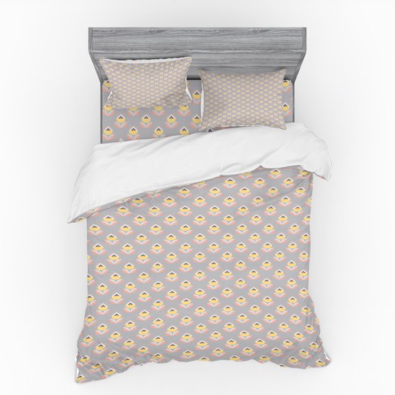 Floral Duvet Cover Set, Abstract Flower Repetition with Geometric Ornaments, Bedding Set with Shams and Fitted Sheet, 3 Sizes, by Ambesonne