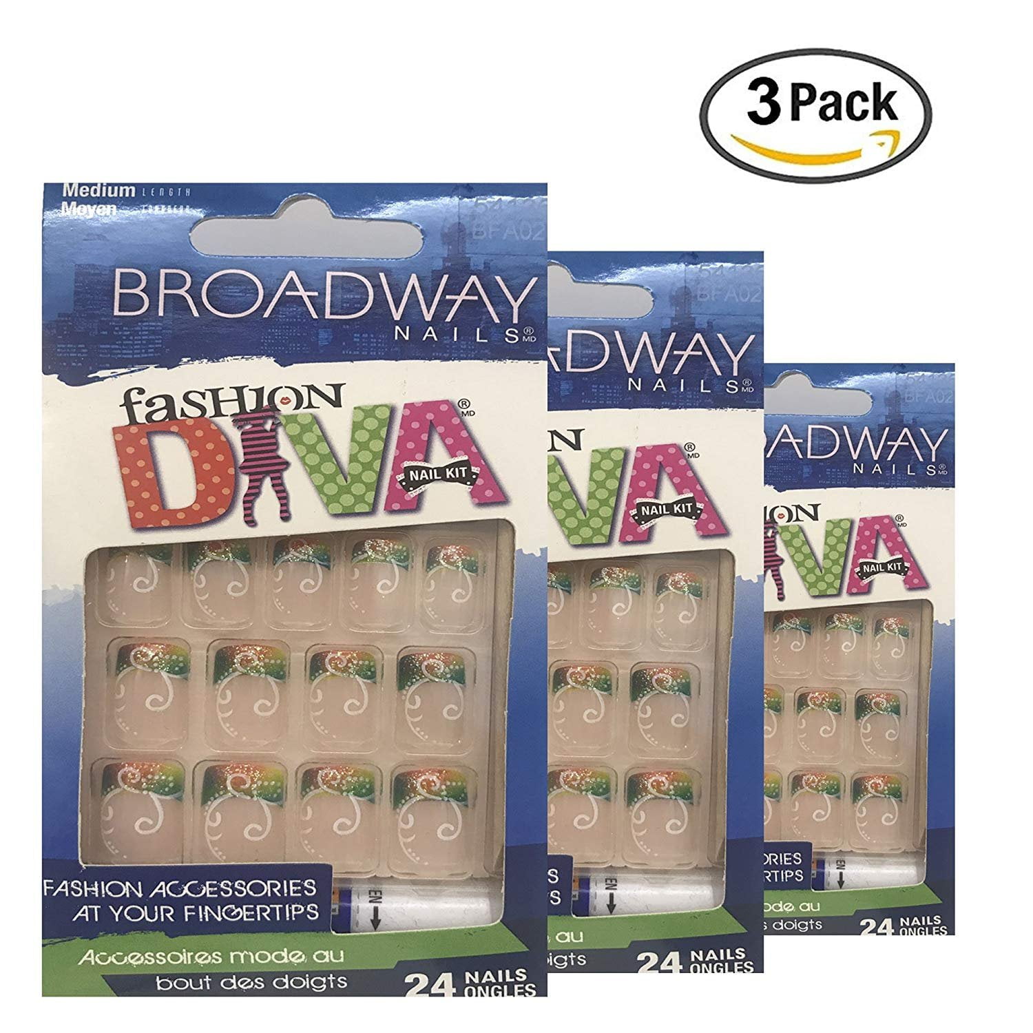 Broadway Nails Fashion Diva Nail Kit Medium Length 24 Nails Each (Pack