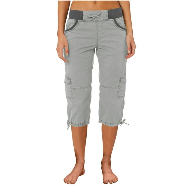 Diufon Women's Cotton Cargo Pants Pockets Color Block 3/4 Sweatpants Elastic Waist Drawstring Lounge Pants