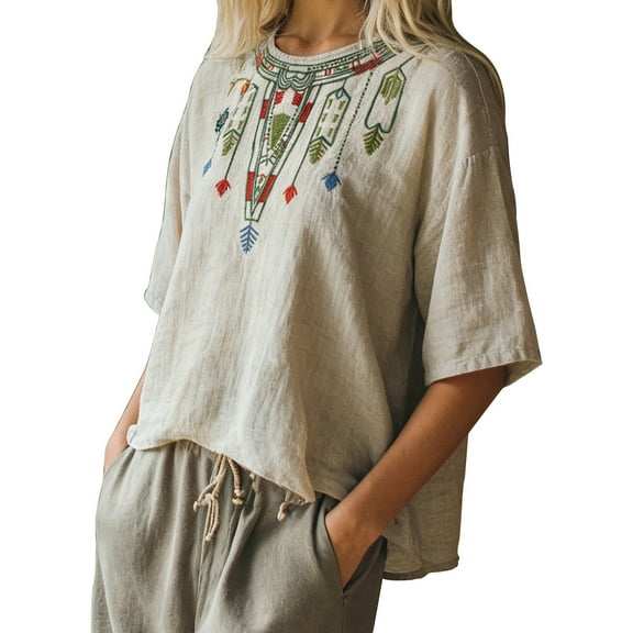 Embroidered Cotton Linen Shirts Casual Summer Top Boho Blouse Floral Blouses Linen Shirts for Women Embroidered Tops Loose Fit T-Shirt 3/4 Sleeve Gauze Boho Tops Mexican Blouse Boho Tunic Tops A L
