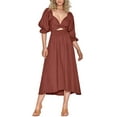 thumbnail image 1 of ZAXARRA Robe Midi d'Été pour Femmes Couleur Unie Col Carré Manches Lanterne Taille Haute Robe Décontractée Robe de Plage Vacances, 1 of 6