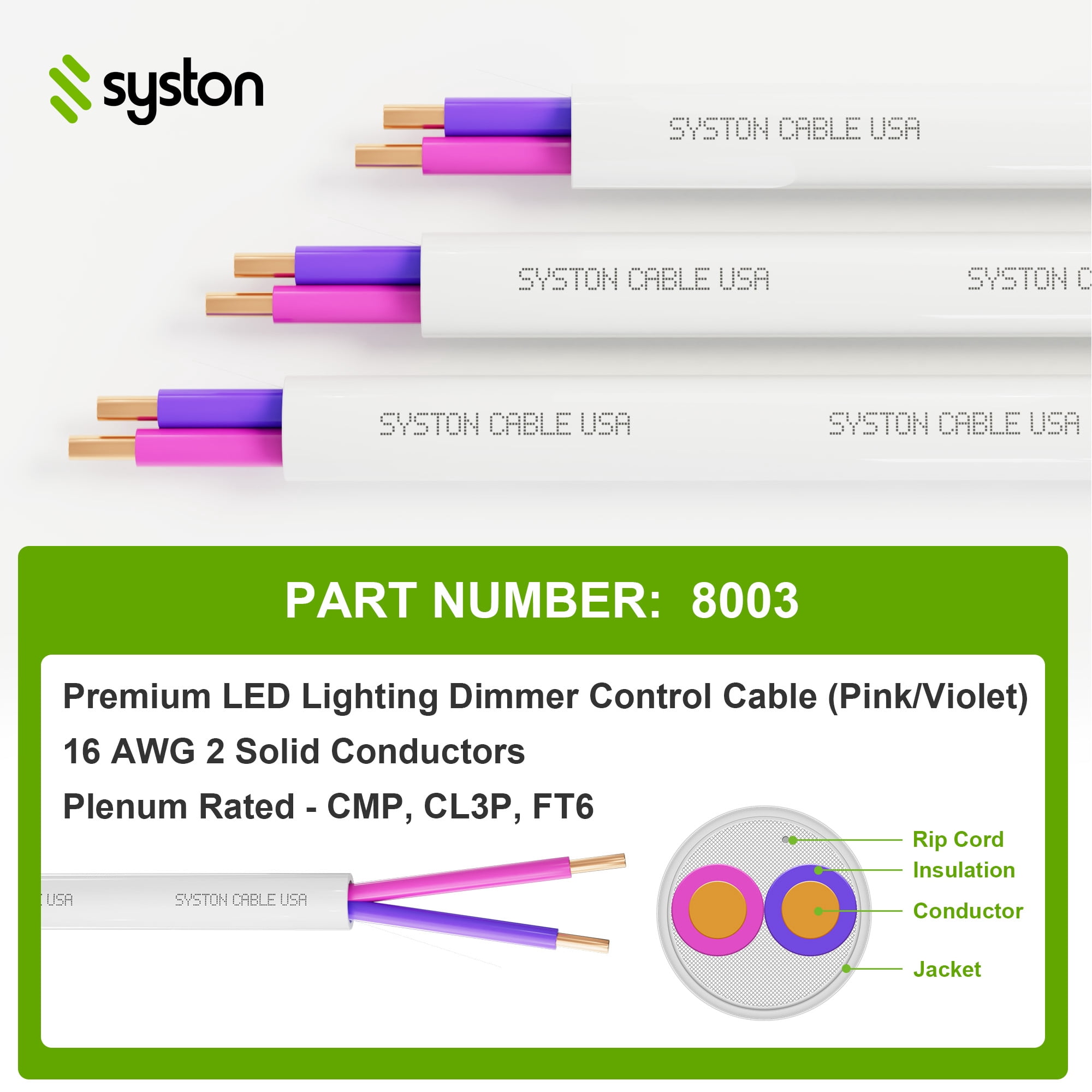 SYSTON CABLE TECH 16/2 LED Lighting Dimmer Dimming Luminaire Control Wire Cable, 16 AWG 2 Conductors Solid Bare Copper Unshielded Plenum Rated CMP CL3P FT6, for Ballast Wiring and Connection - 1000FT