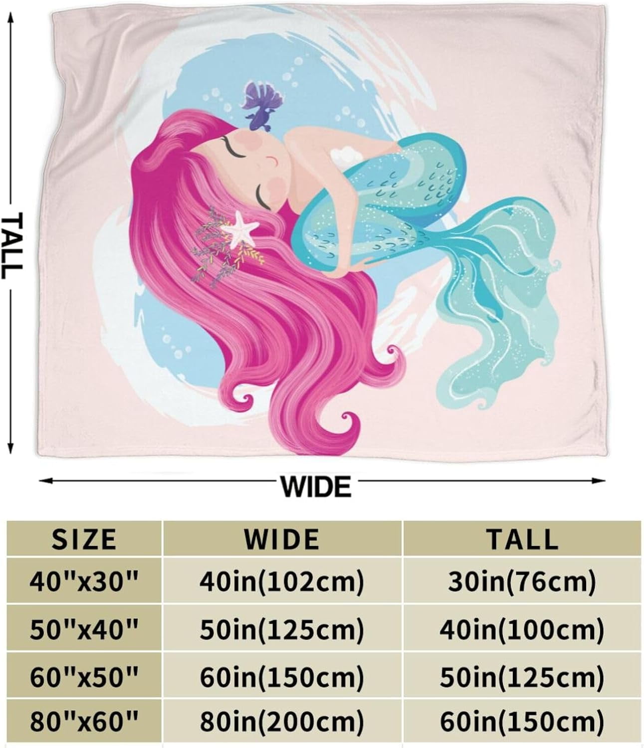 Cute Mermaid Girl Bed Blanket Ultra Soft Throw Blanket All Season Warm Light Weight Cozy Plush Blankets for Home Bedroom Sofa Chair Travel, 60"X80"