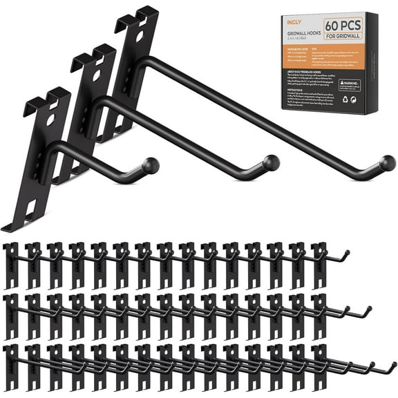 INCLY 2/4/6 Inch Gridwall Hooks, 60 Pack Heavy Duty Black Display Hooks for Grid Wall Panels, Grid Wall Accessory for Storage Display Clothes in Retail Shop Garage