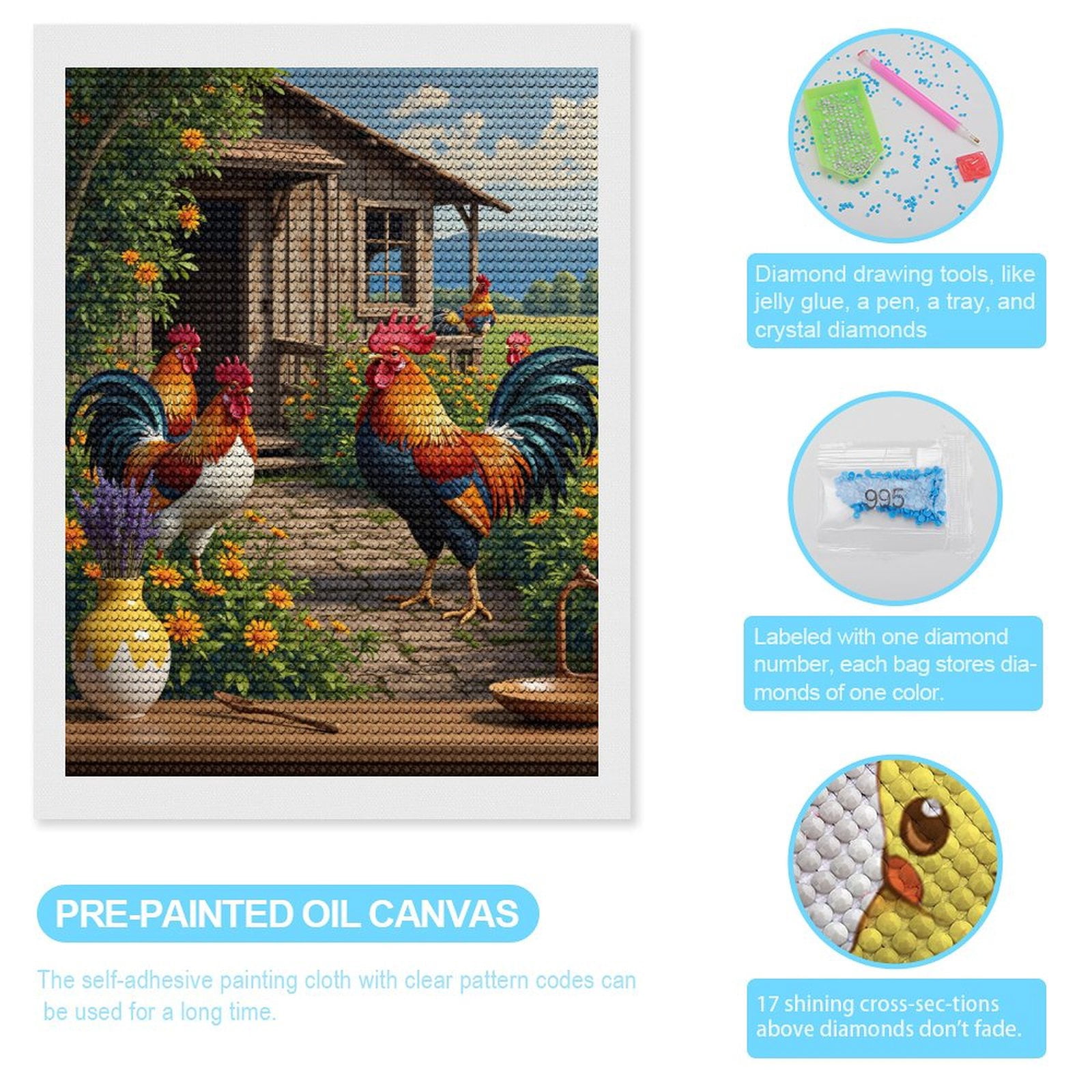Diamond Art Kits for Adults, Rooster Garden Rustic Cottage Scene 5D Diamond Painting Kits for Adults Beginners, DIY Full Drill Diamond Painting, Gem Art and Crafts 12x16