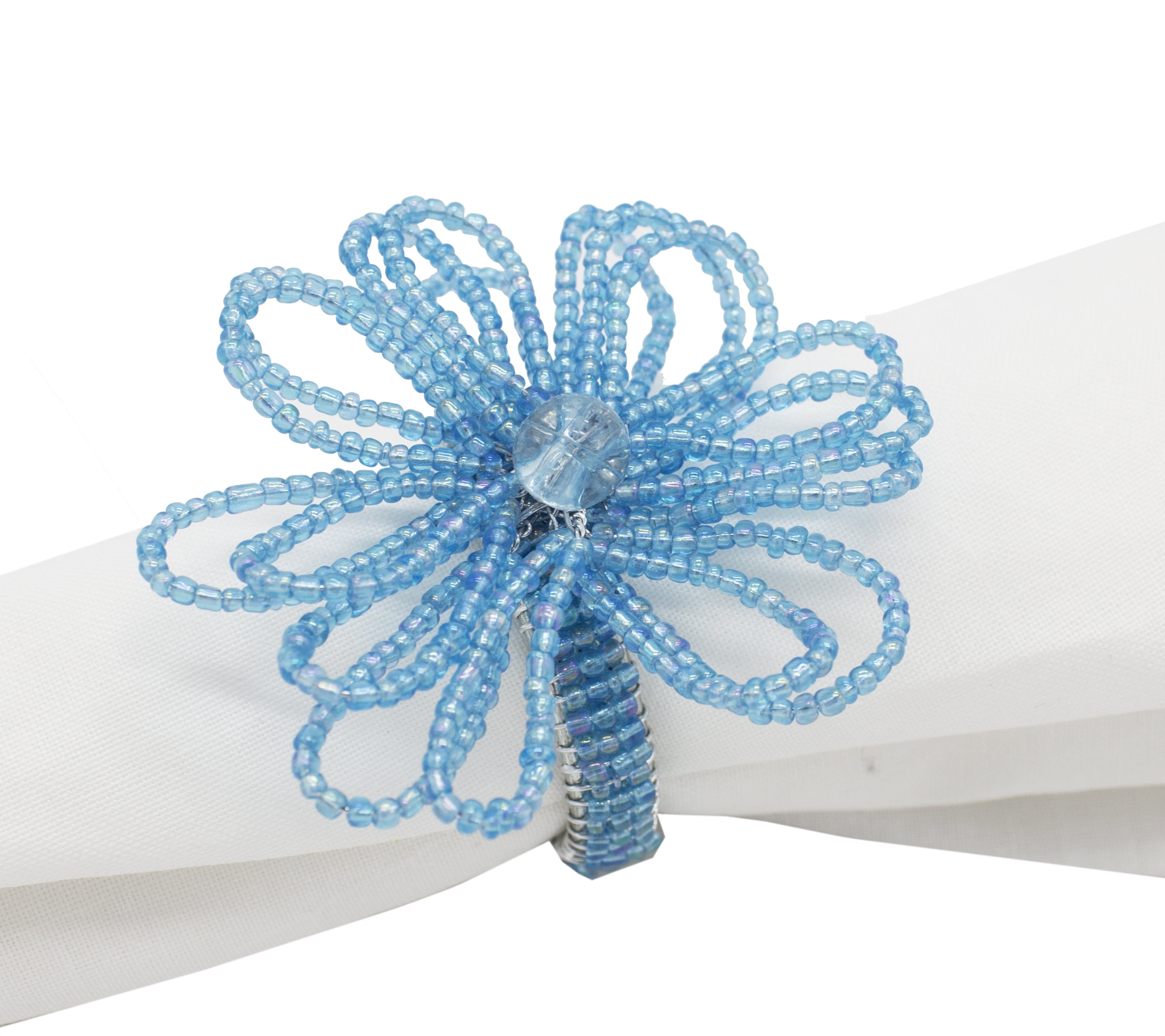 Hand Beaded Flower Design Napkin Rings, Set of 4 (Turquoise)