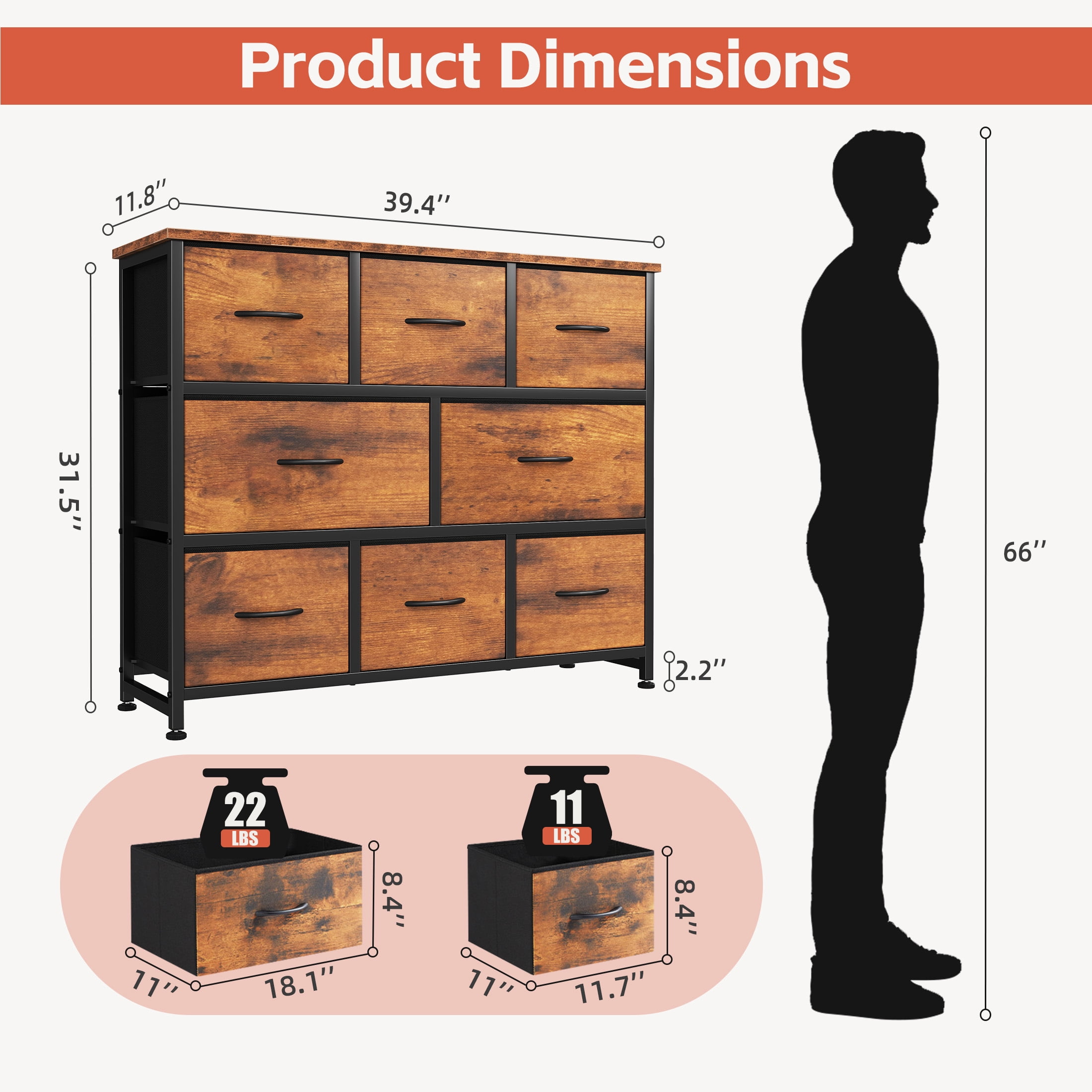 edx 8 Drawers Fabric Dresser, Chest of Drawers with Sturdy Steel Frame, Storage Organizer Cabinet for Bedroom, Living Room, Hallway, Rust