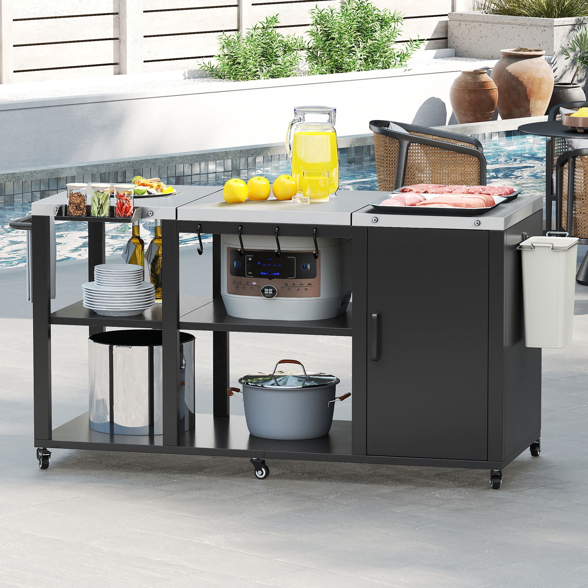 Uforic Grill Cart with Storage Cabinet, Movable BBQ Prep Table Foldable Tabletop
