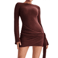 thumbnail image 2 of Robe Courte Plissée Dos Nu pour Femme à Manches Longues en Tricot Crochet Aguichant - Robe Chandail de Fête Brun Rougeâtre L, 2 of 7