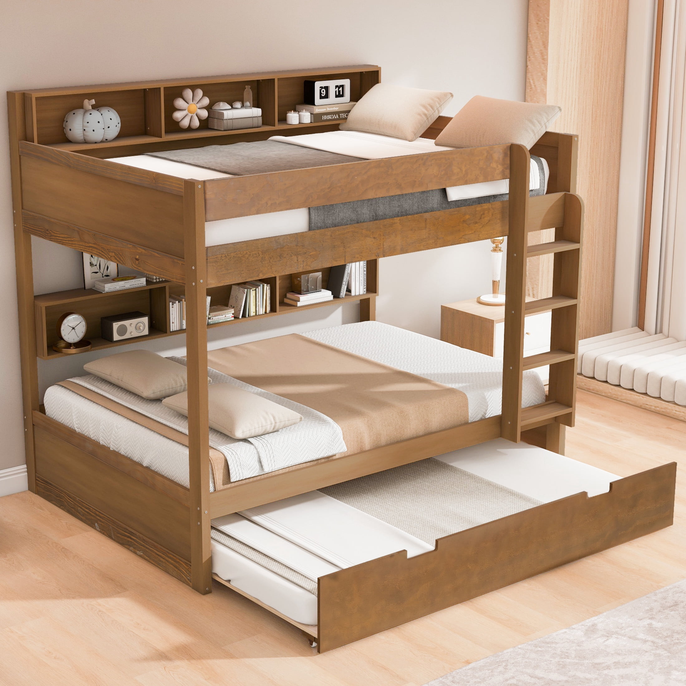 Noble House Erika Full over Full Bunk Bed with Pull-out Trundle and Integrated Storage Shelves, Antique Wood
