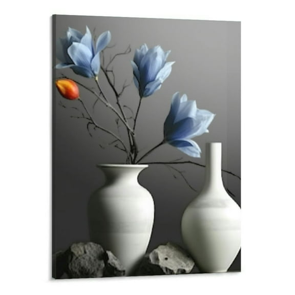 Creowell Flower Wall Art for Bathroom Hallway,Orchid Still Life Canvas Painting Prints, Blue Magnolia in Black and White Vases Picture (Ready to Hang, Waterproof Decor) 16x20 Inch