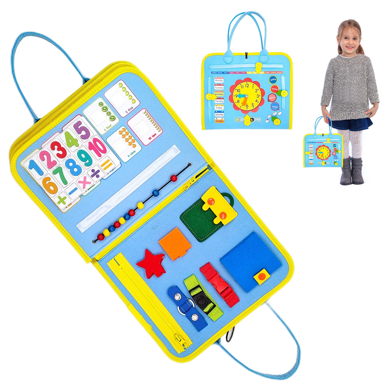 TBOLINE Felt Kids Busy Board Basic Life Skills Learning Boards Toys Gift (Light Blue)