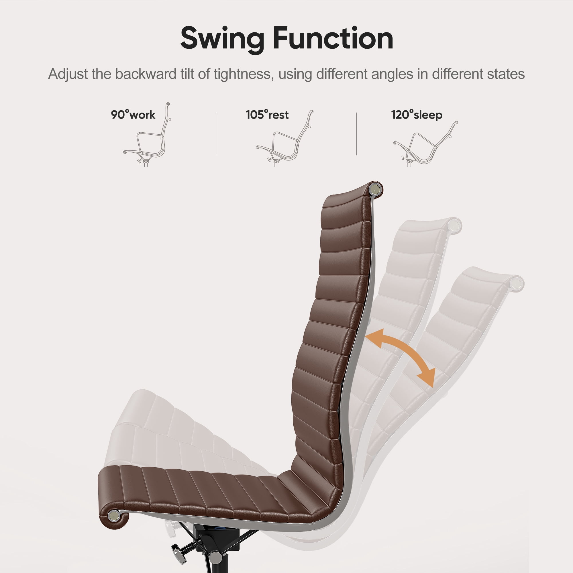 Cottinch Ribbed Office Chair High Back Armless Genuine Leather Ergonomic Desk Chair, Adjustable Height Executive Conference Task Chair Swivel Chair for Home Office, Brown