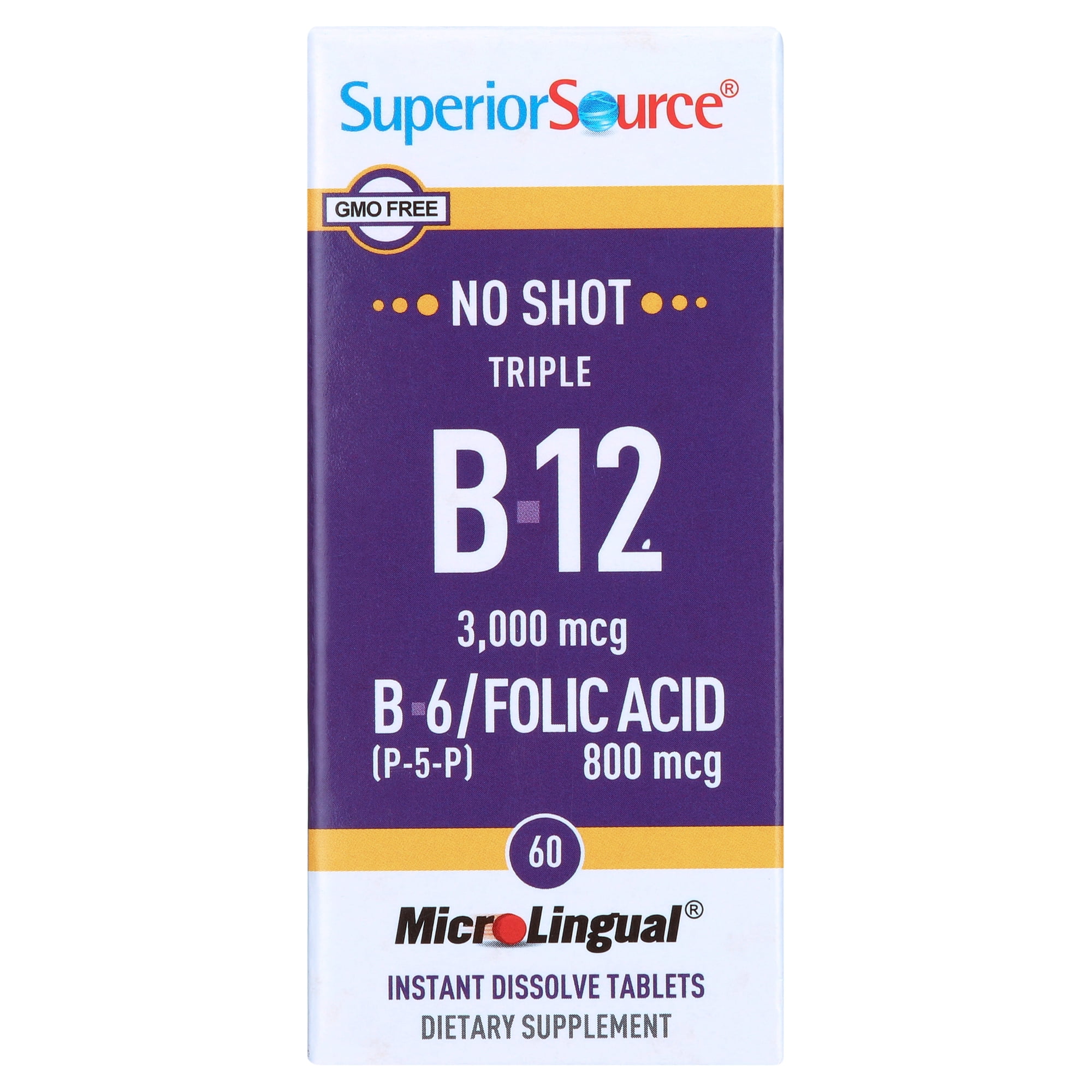 Superior Source No Shot Triple B12 3,000 mcg, B6, Folic Acid, Quick Dissolve Tablets, Dietary Supplement