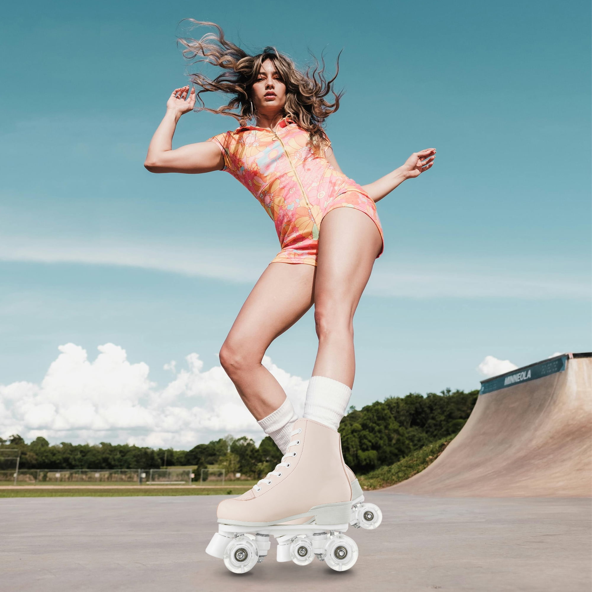 LPAMEOIU Teen Roller Skate with Light-up-Wheel, Quad Skate for Adult, Pink(Women 6.5/Men 5)