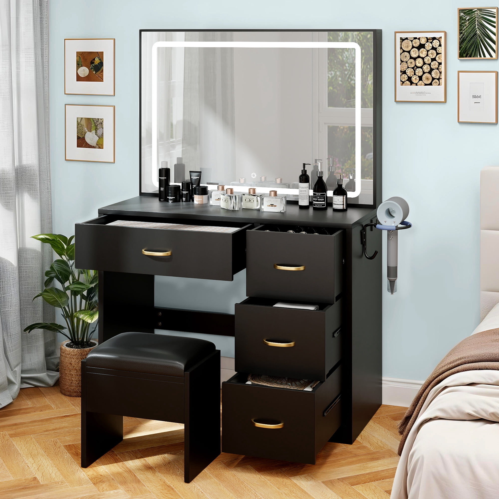 Uforic Black Makeup Vanity Desk with Lighted Mirror and Storage, 4 Drawers