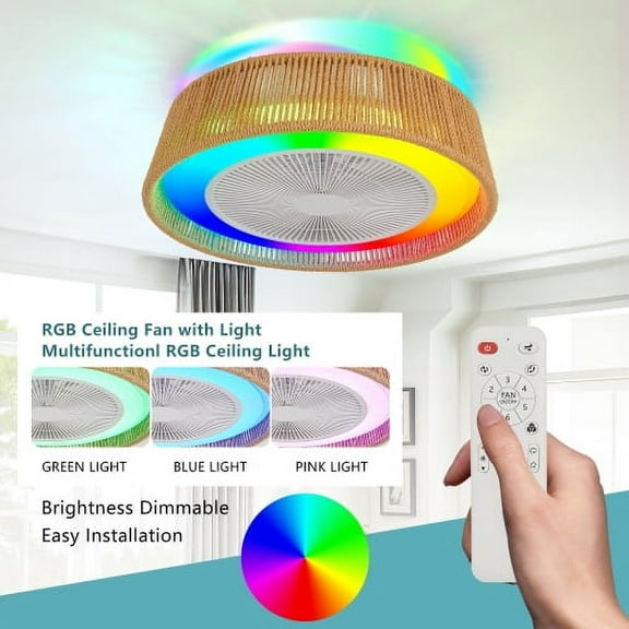 ACE-LIGHTS,Modern Rustic Dimmable Ceiling Fan Light with LED RGB Mood Lighting,Rope Woven Design,Quiet Fan,Semi Flush Mount for Bedroom,Living Room,Dining Room(Brown)