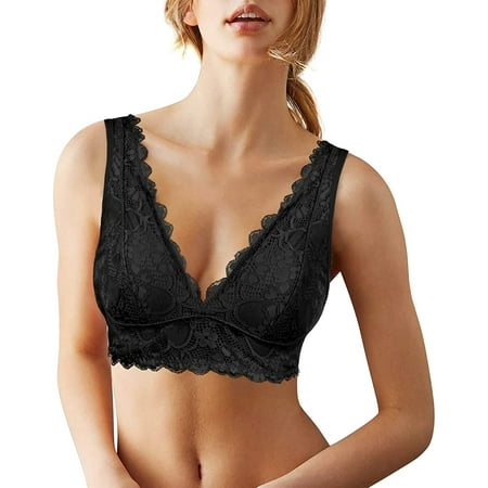 

Nebility Comfort Lace Bralette for Women Deep V Neck Soft Sleep Bra Top Removable Padded Wirefree(Black OOS)