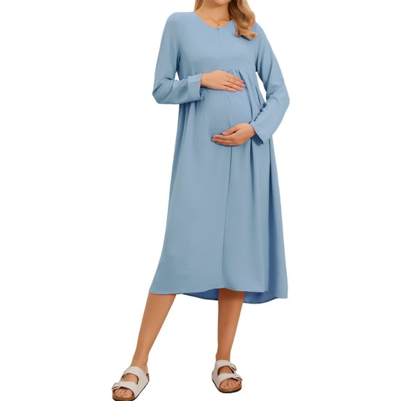 INSPIRE CHIC Women's Maternity Nursing Breastfeeding Dress Zip Front Tiered Long Sleeve Round Neck Pleated Midi Maternity Pregnancy Dress S Blue