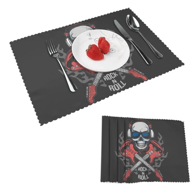 DouZhe Polyester Placemats Set of 4, Rock n Roll Guitar Skull Pattern Heat Resistant Place Mats for Dining Table, 12" x 18"