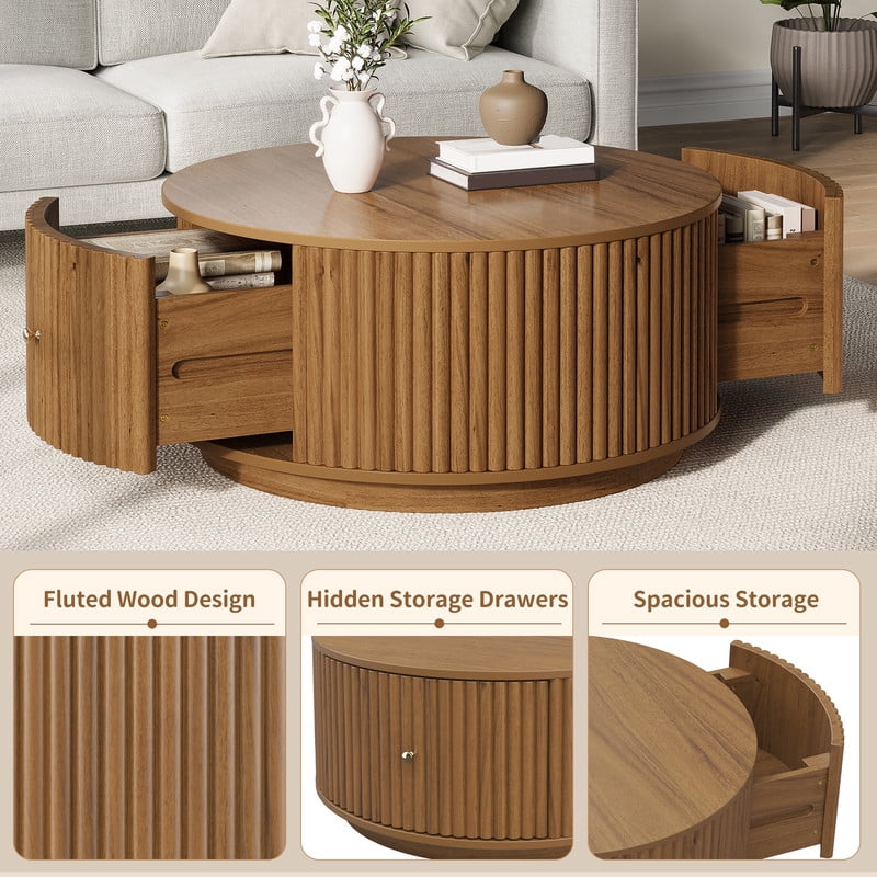 30.3'' Round Fluted Design Coffee Table with Dual Hidden Storage Drawers, Drum Base Center Cocktail Table