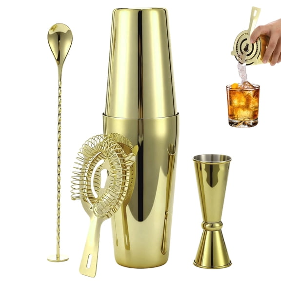 5 PCS Gold Cocktail Shaker Set – Professional Boston Shaker Kit with 20oz & 25oz Tins, Hawthorne Strainer, Double Jigger & Bar Spoon, Stainless Steel Home Bar Set for Parties, Weddings & Gifts