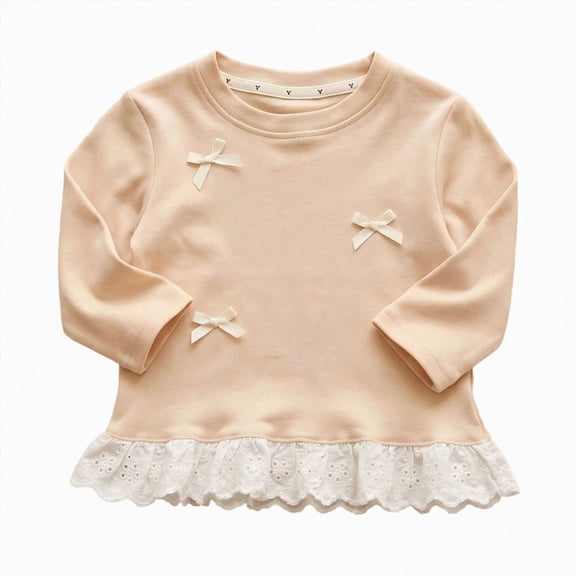 Splozh Long Sleeve T Shirts Fashion Soft Little Girls Ribbed Knit T Shirt with Lace Ruffle Hem Cute Bowknot Embroidered Shirt Long Sleeve Crewneck Top,Beige,12-24 Months