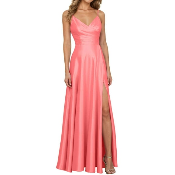 KHONTS Women's Satin Bridesmaid Dresses for Wedding Dress Formal Long A-Line Prom Party High Slit Gowns Watermelon Red XS