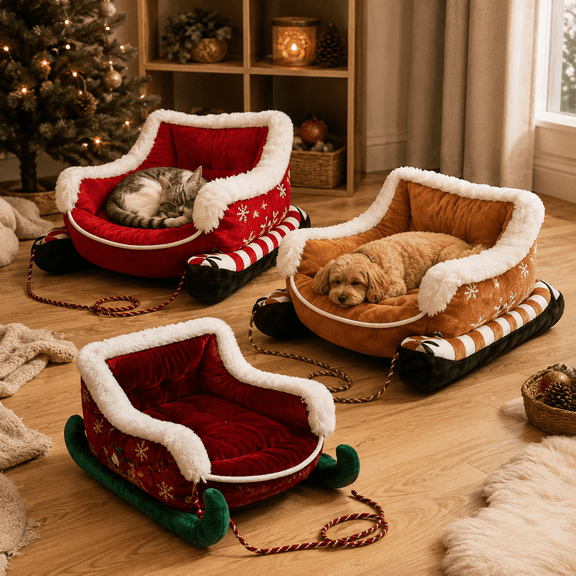 Christmas Dog Bed Sleigh with Non Slip Base, Festive Plush Cozy Pet Bed with Christmas Sleigh Shape Design, Soft Cat Dog Sleeping Bed for Small Medium Pets Indoor Holiday Decor, Red Small