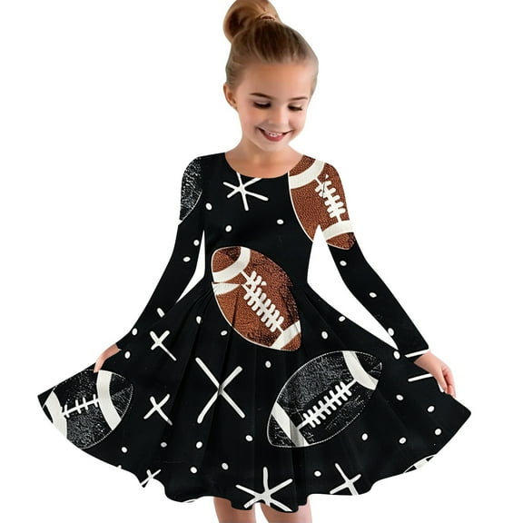 Odeerbi Toddler Girls Skater Twirl A-Line Dress Long Sleeve Pleated Dancing Dress Spring Fall Dress 4-14 Years Kids Sports Ball Printed Princess Dress Toddler Clothes Black